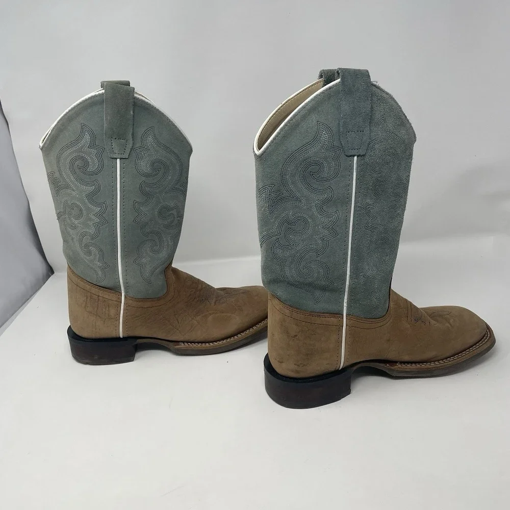 Old West Kids Leather Western Cowboy Boots Blue Suede Shaft Size 4.0 D BSY1944